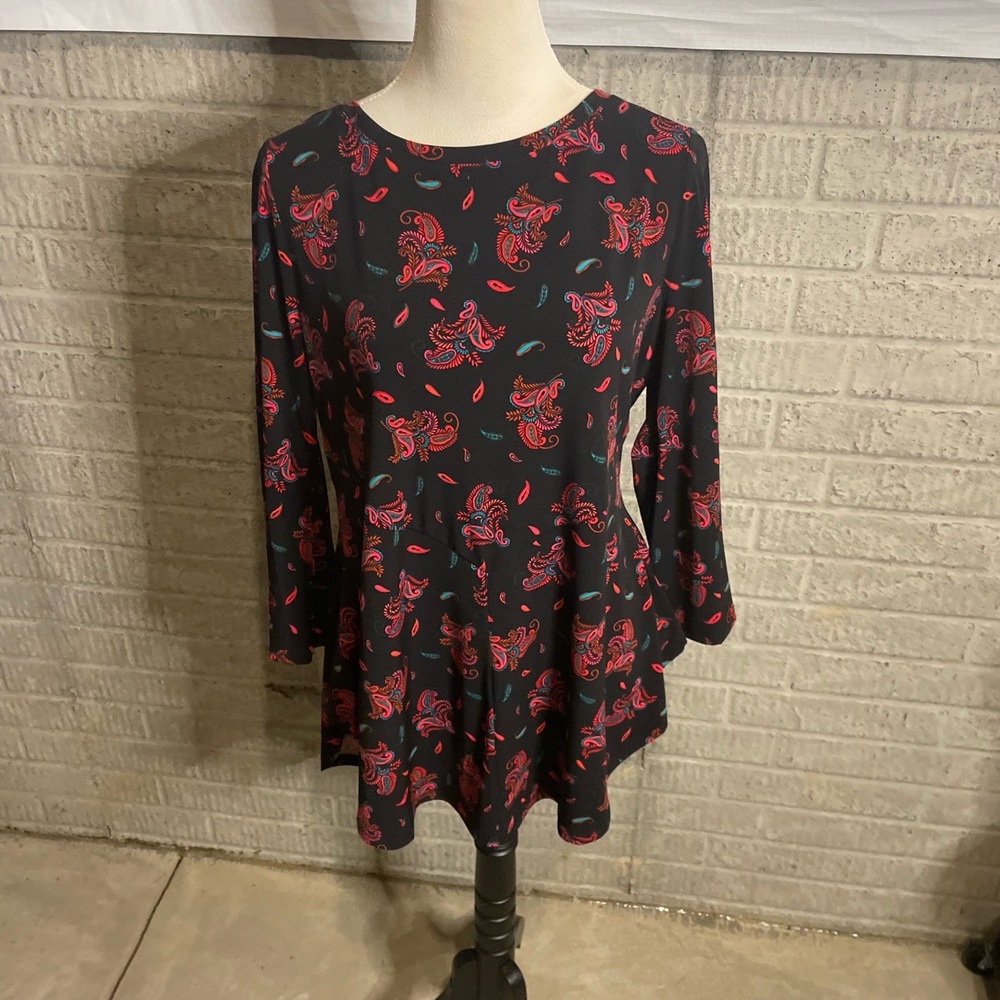 Chaus Floral Paisley Long Sleeve Crew Neck A-line‎ Blouse Size L